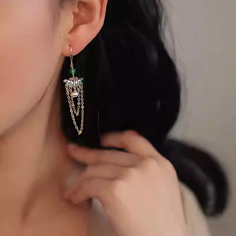 Natural freshwater pearl new Chinese style agate earrings