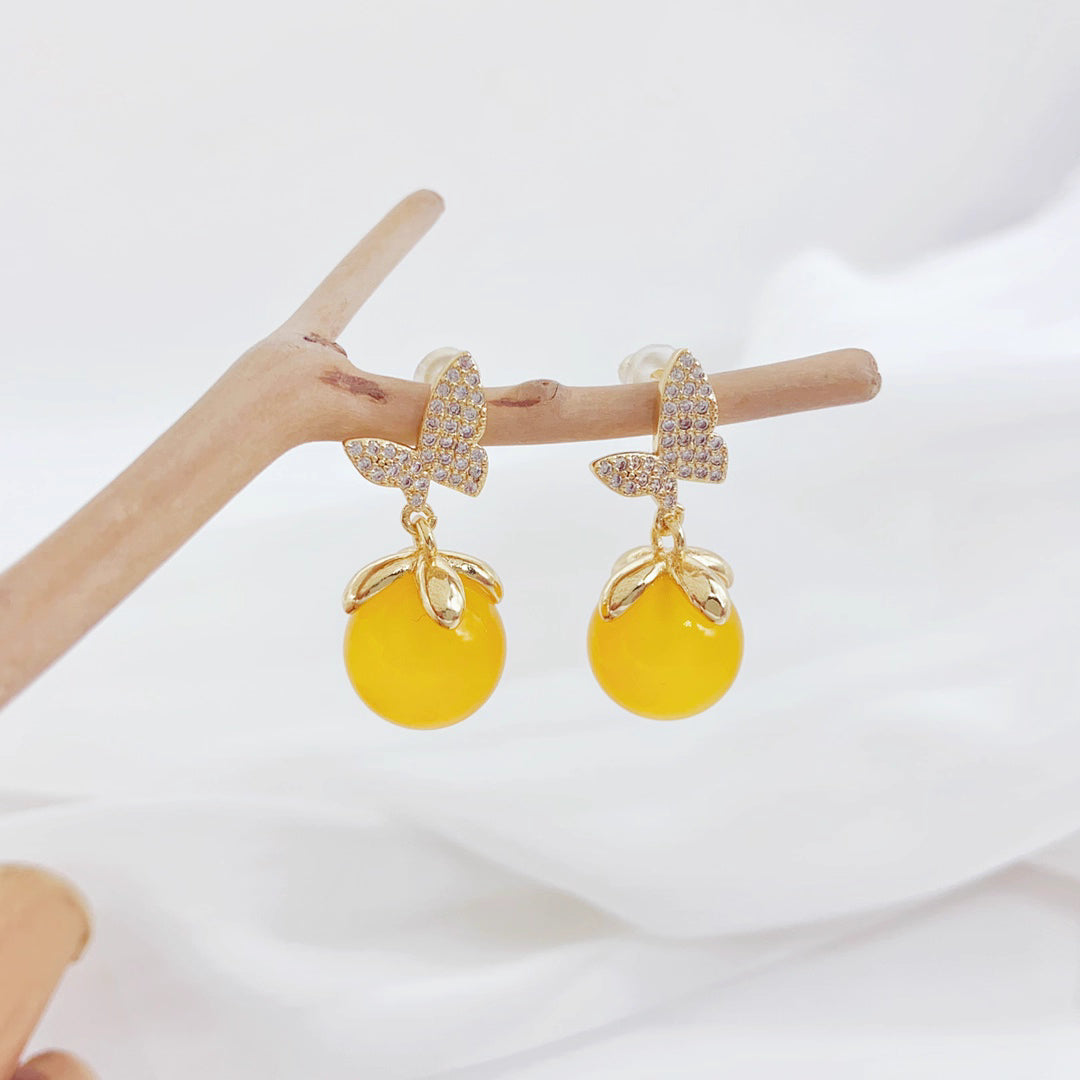 925 silver needle butterfly earrings for women, 2025 new trend explosion, cold temperament, small public yellow agate