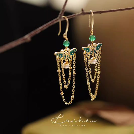 Natural freshwater pearl new Chinese style agate earrings