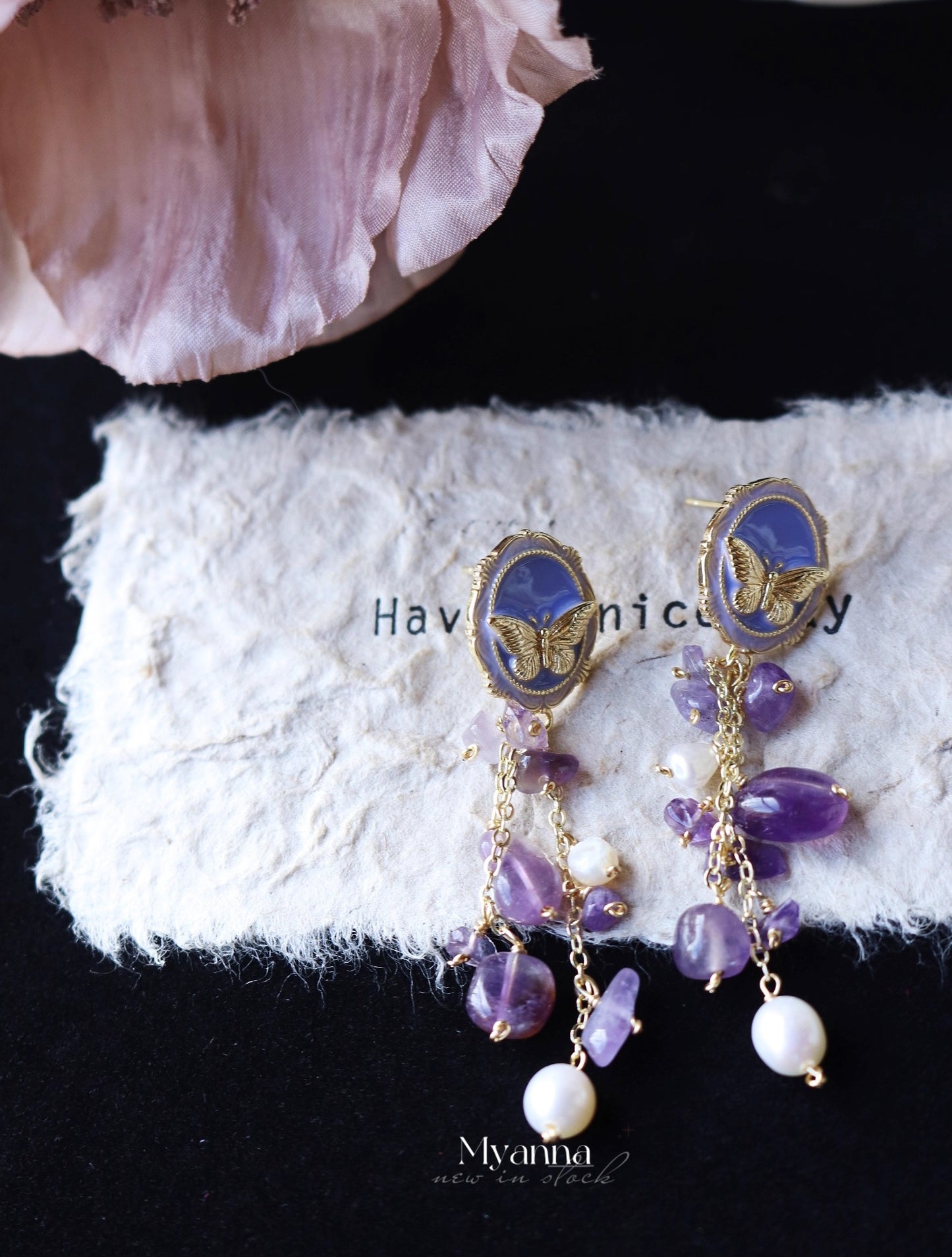 Handmade original design delicate natural crystal butterfly tassel earrings