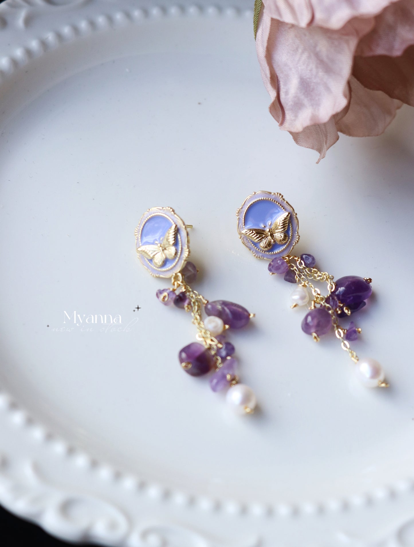 Handmade original design delicate natural crystal butterfly tassel earrings