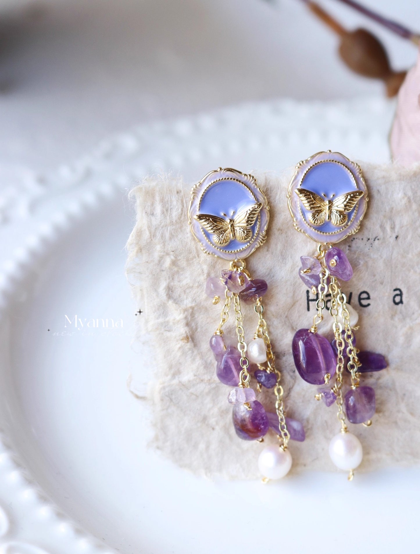Handmade original design delicate natural crystal butterfly tassel earrings